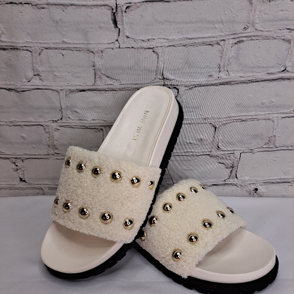 NINE WEST 'FREELY' SHEARLING & STUDDED SLIP ON SANDALS - Picture 14 of 14